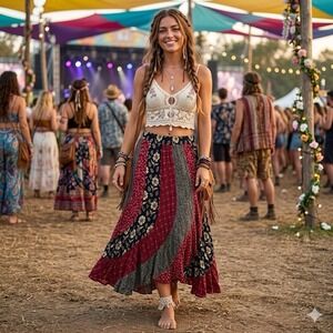Willow Ridge Maxi Skirt Womens M Mixed Print Patch Boho